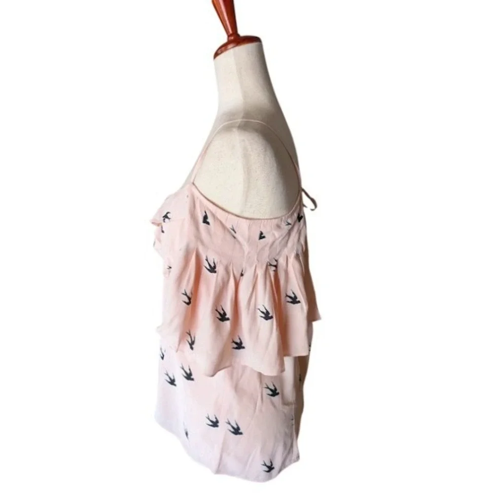 McQ Alexander McQueen Pink Swallow Bird Print Cold Shoulder Ruffle Top Size 44 - Picture 4 of 11